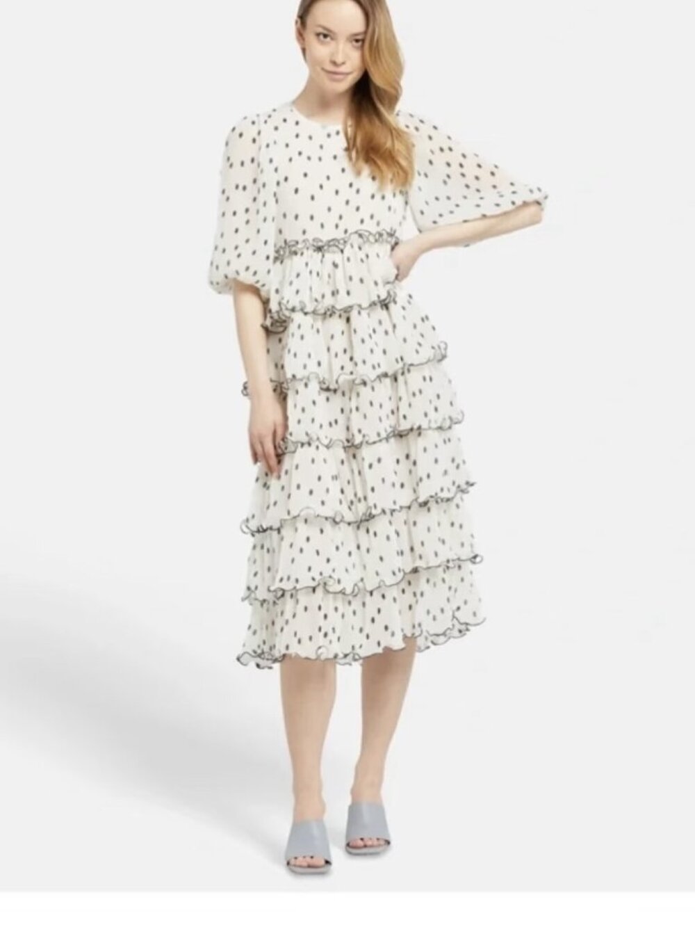 GANNI White Polka-Dot Tiered Ruffle Midi Dress — FR 34